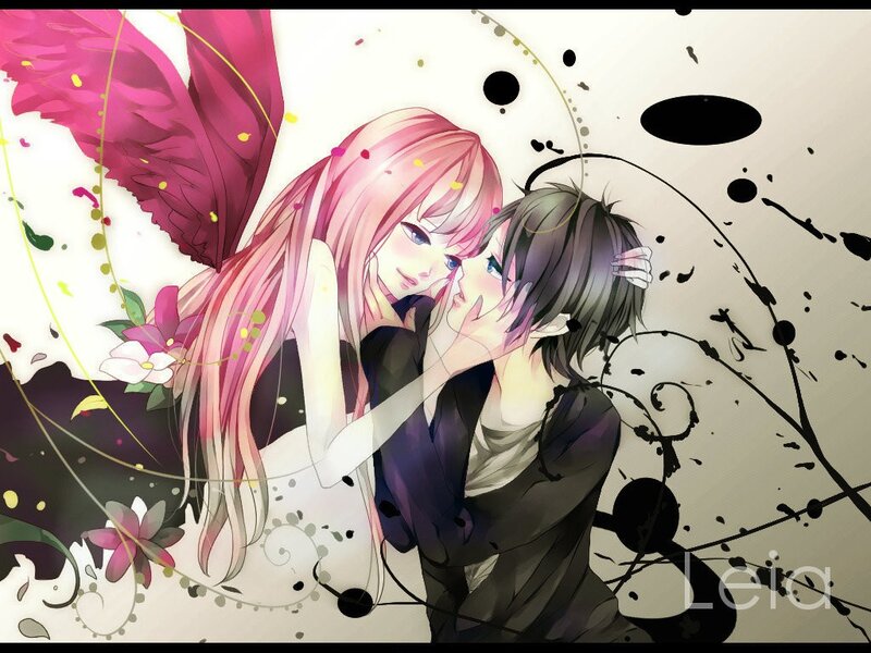 Anime couple with pink wings