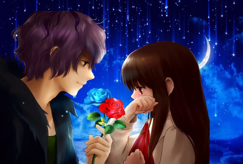 Anime Couple with Roses — Blue