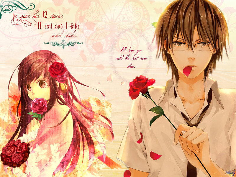 Anime Couple with Roses — Red, Romantic