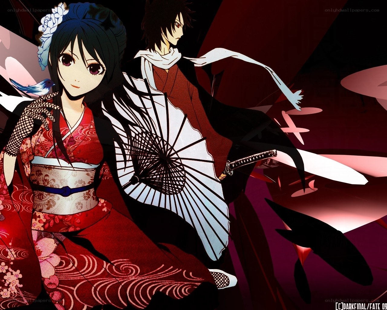 anime couple with sword and fan