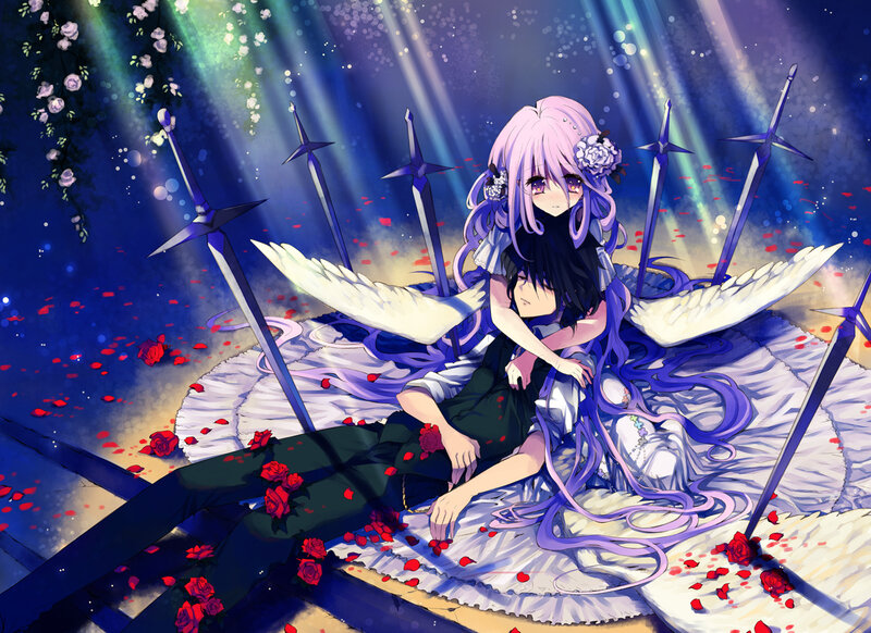 Anime couple with swords and roses