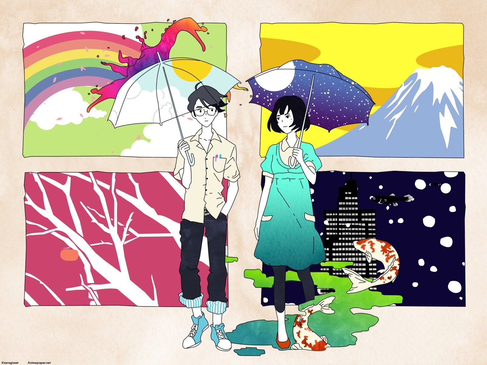 Anime couple with umbrellas