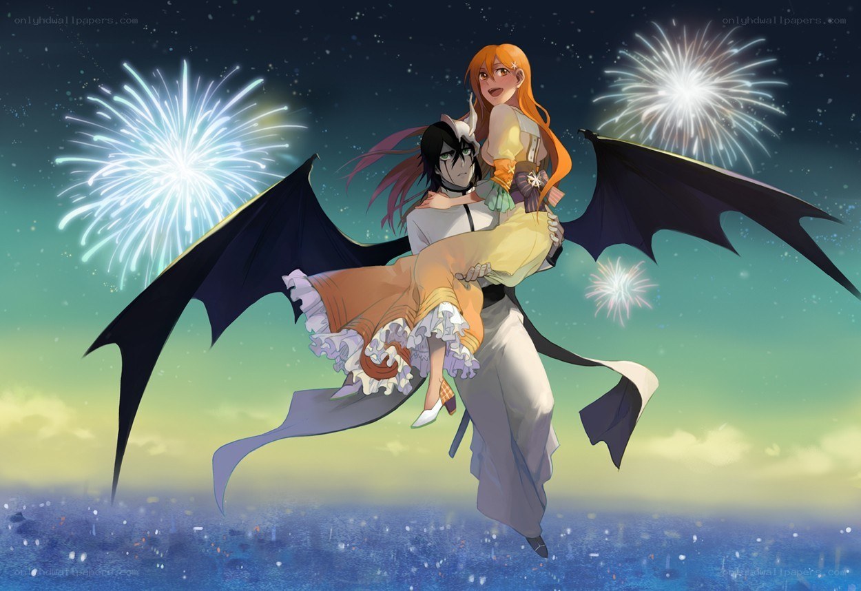 Anime couple with wings and fireworks