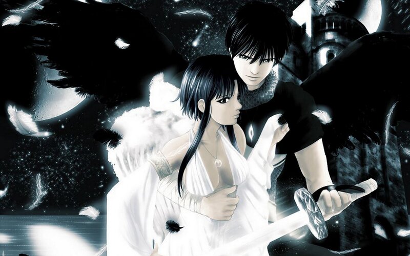 Anime Couple with Wings — Black