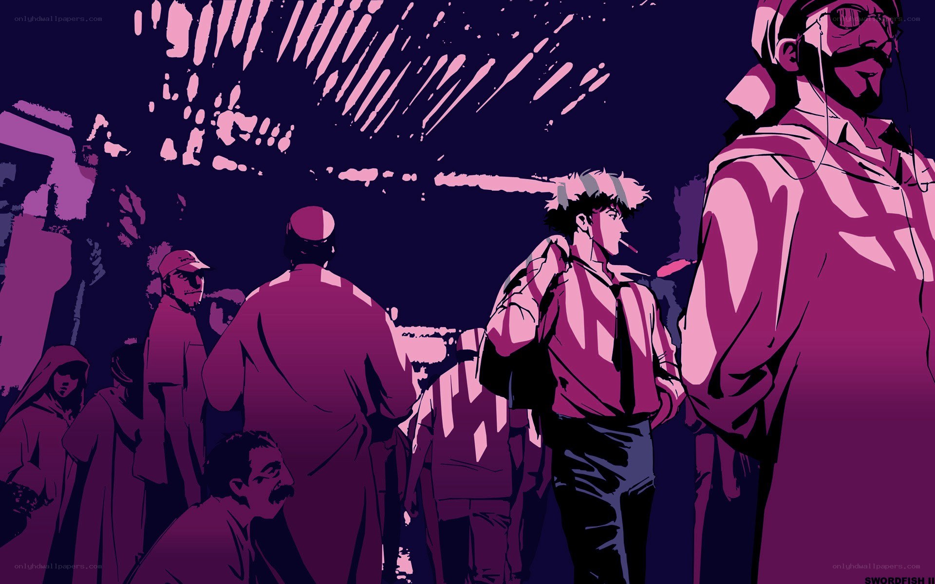 Anime crowd scene at night