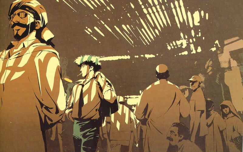 Anime crowd scene with two main characters