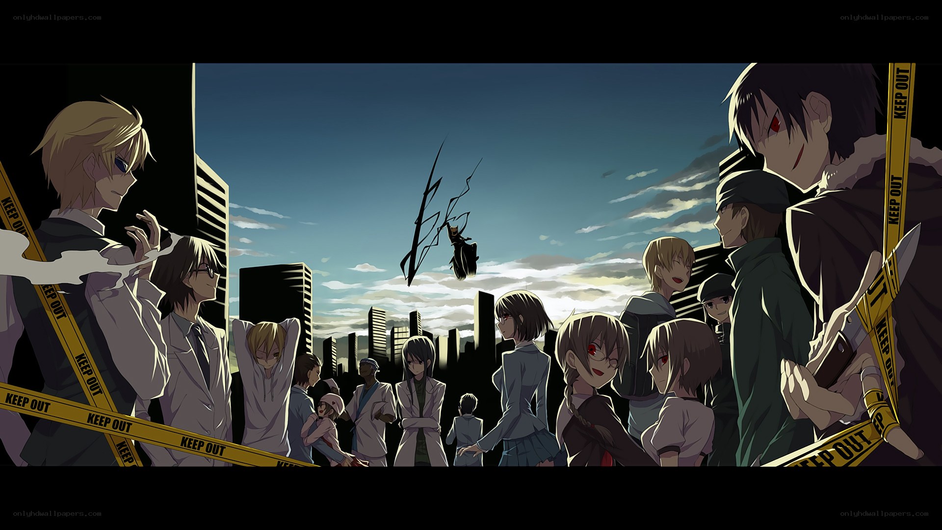 Anime crowd watching a falling figure