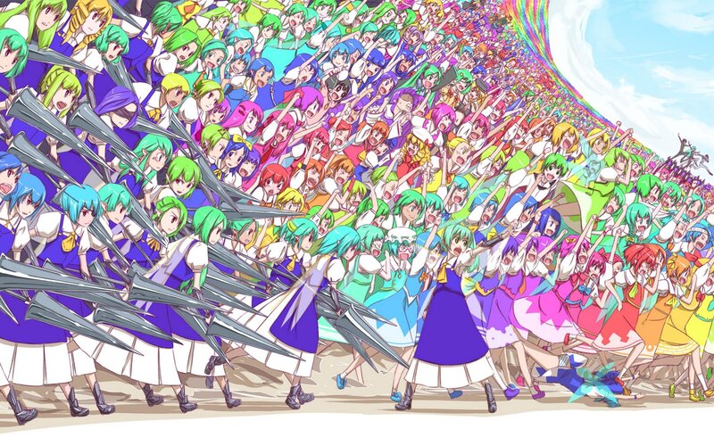 Anime crowd with spears
