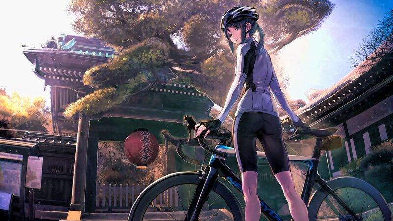 Anime Cyclist with Bicycle — Purple, Serene