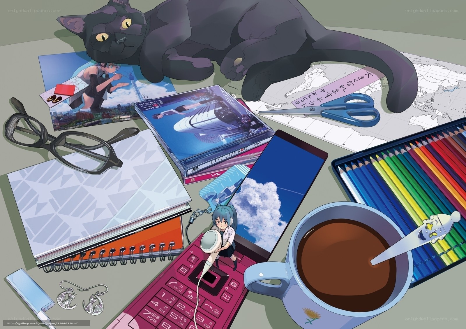 Anime desk with cat and supplies