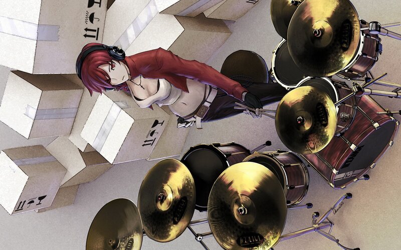 Anime drummer in cardboard room