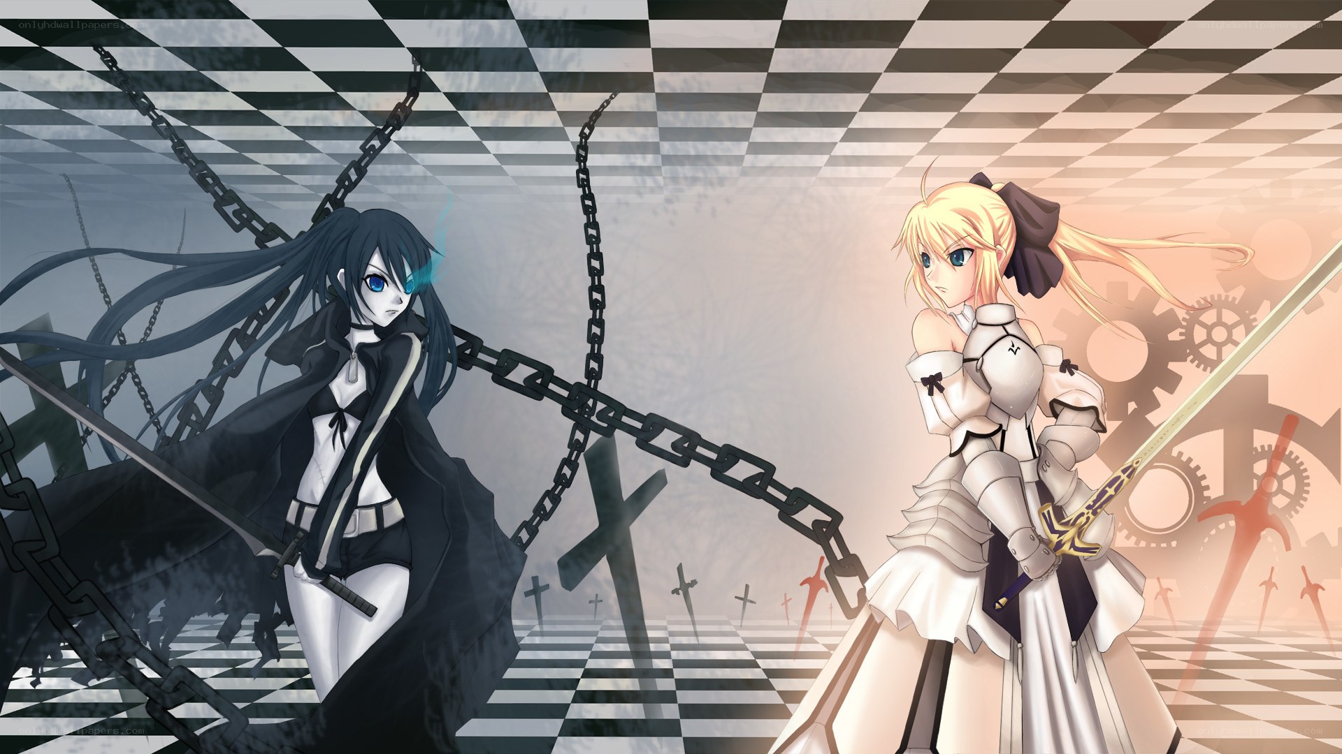Anime duel on a checkered floor