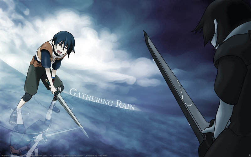Anime duel under stormy sky