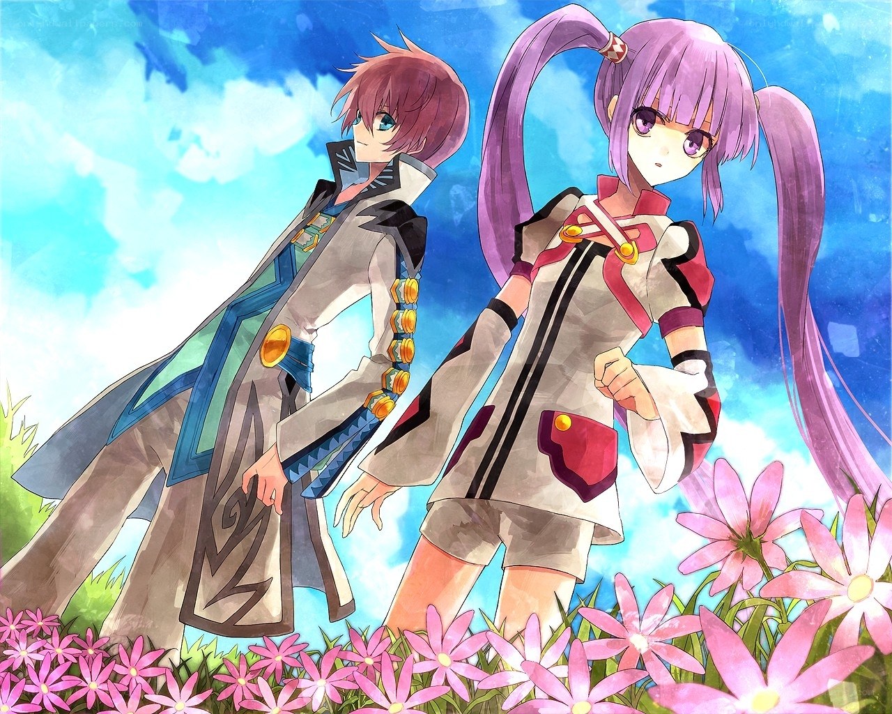 anime duo in a flower field