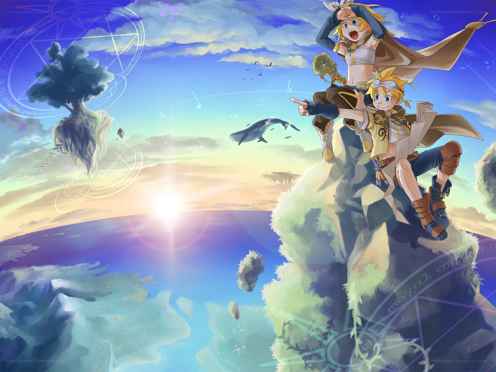 Anime duo on a cliff at sunset