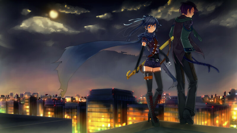 anime duo on rooftop at night