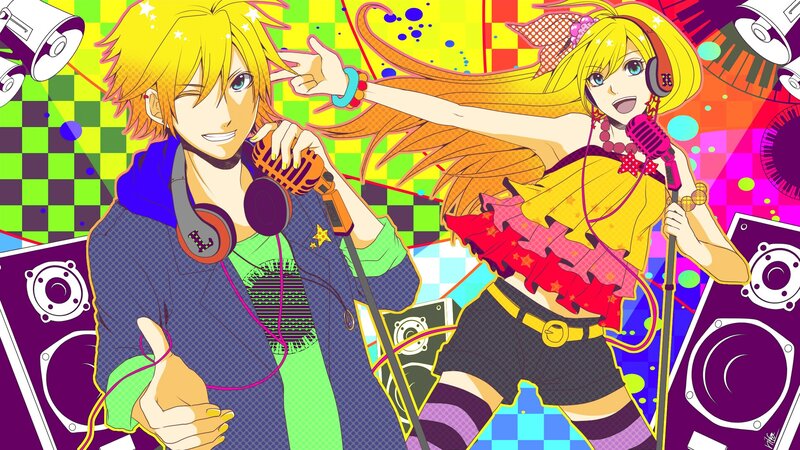 Anime duo singing with microphones