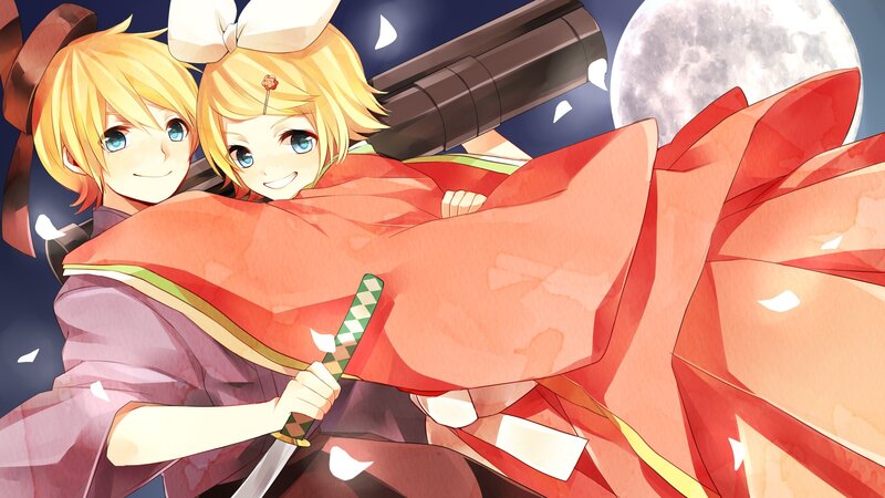 Anime duo with swords under moonlight