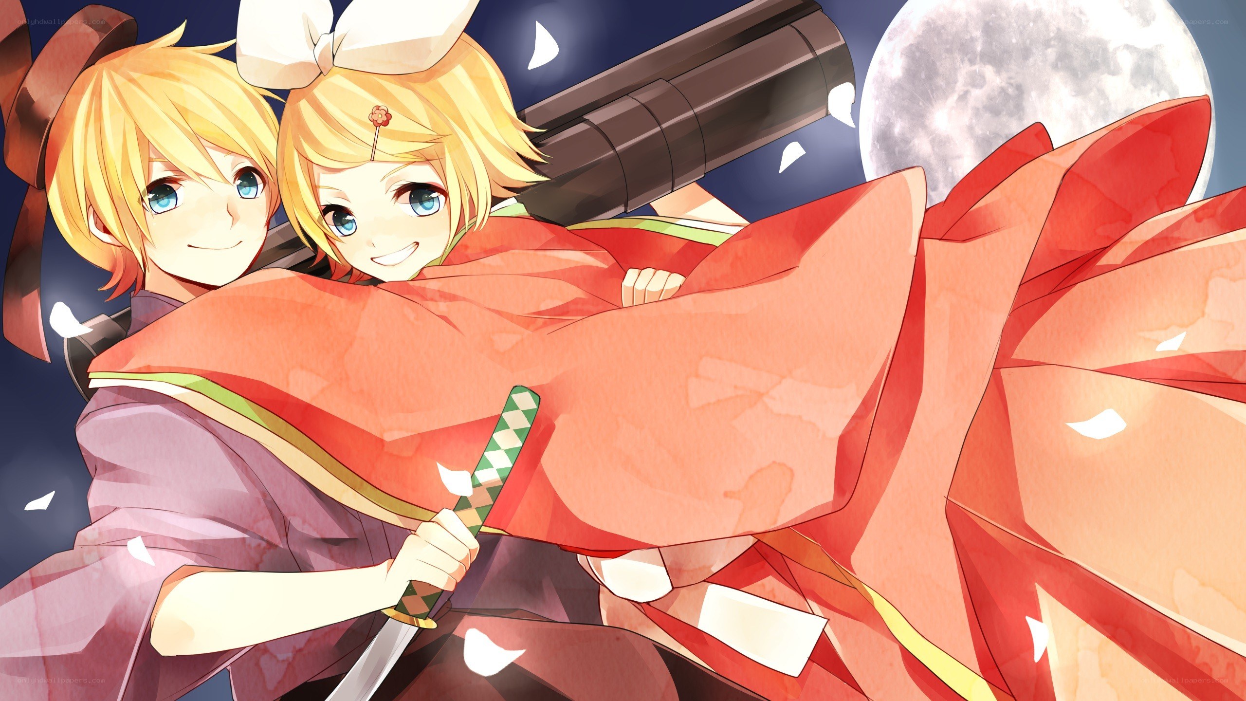 Anime duo with swords under moonlight