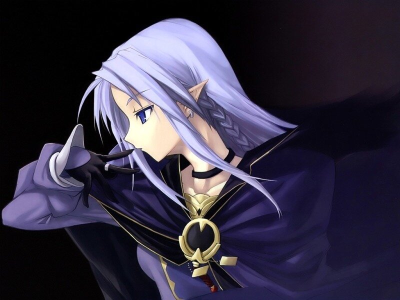 anime elf character with purple hair