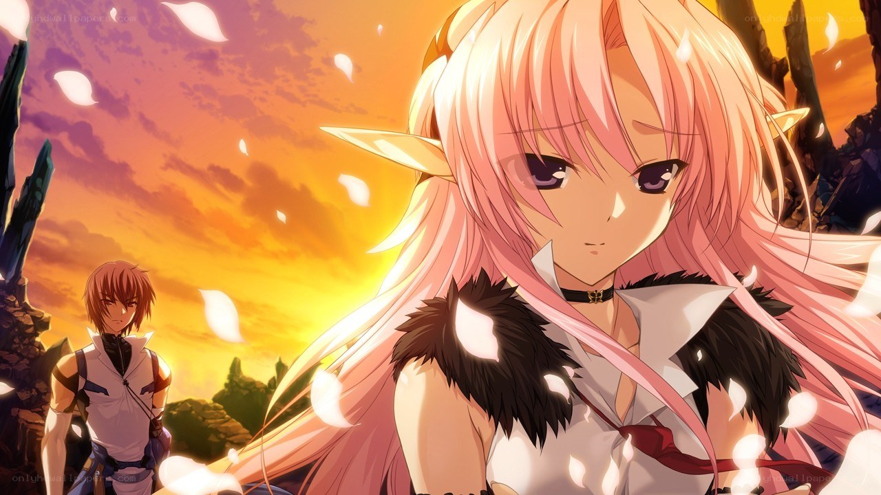 Anime elf girl at sunset