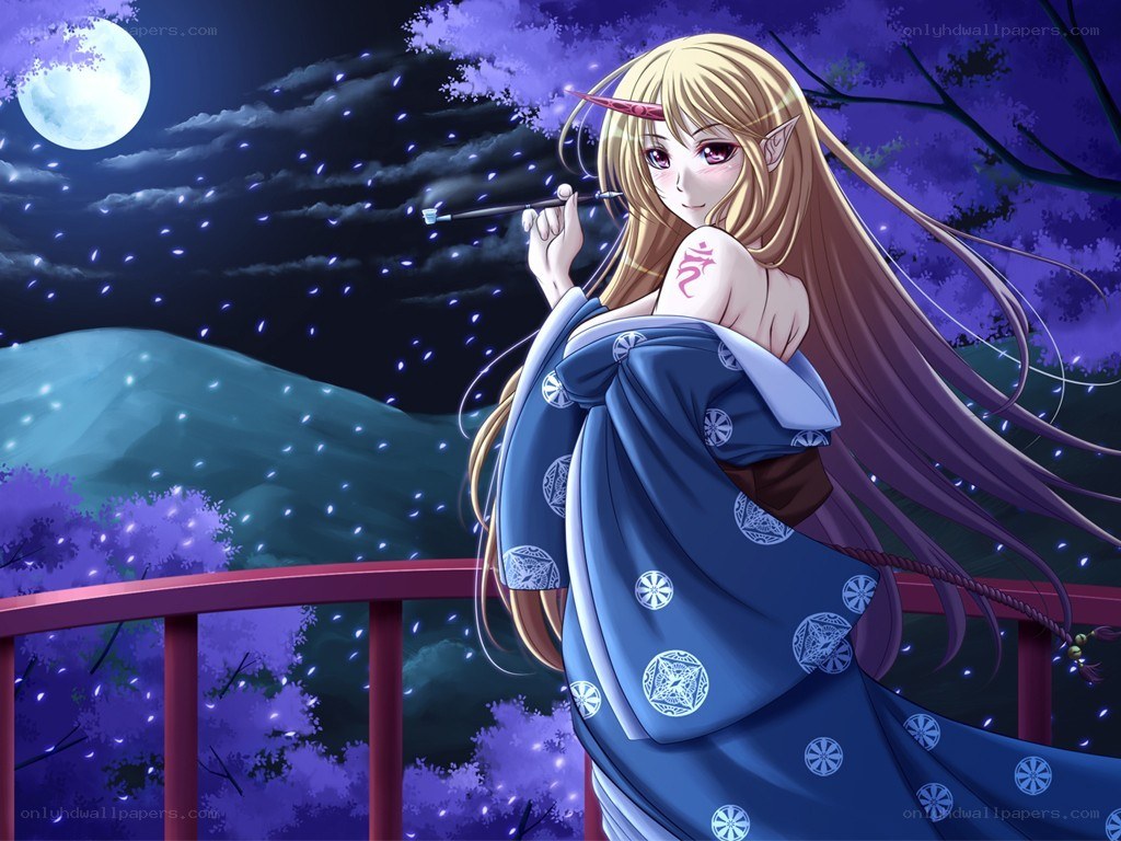 Anime elf in kimono at night