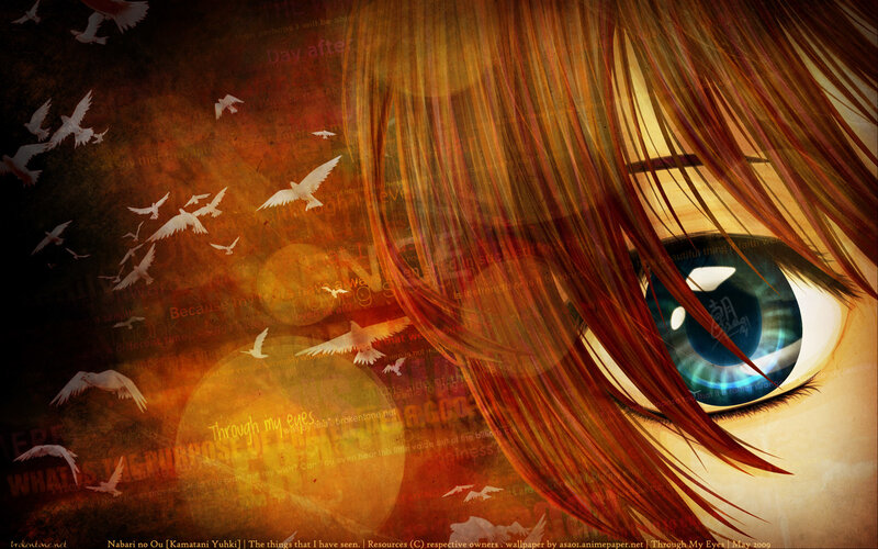 Anime eye with birds and text