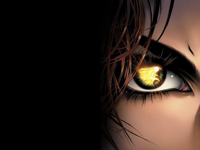 anime eye with fire reflection