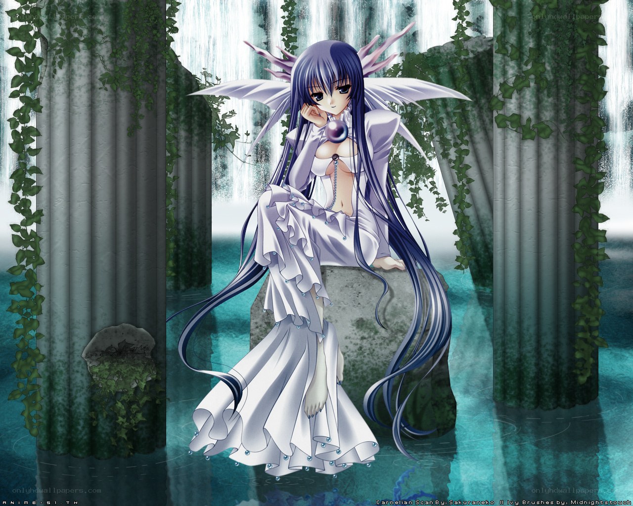 Anime fairy by waterfall