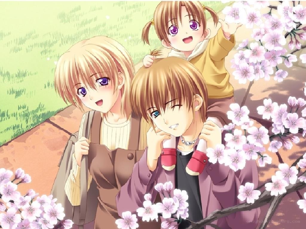 Anime family under cherry blossoms
