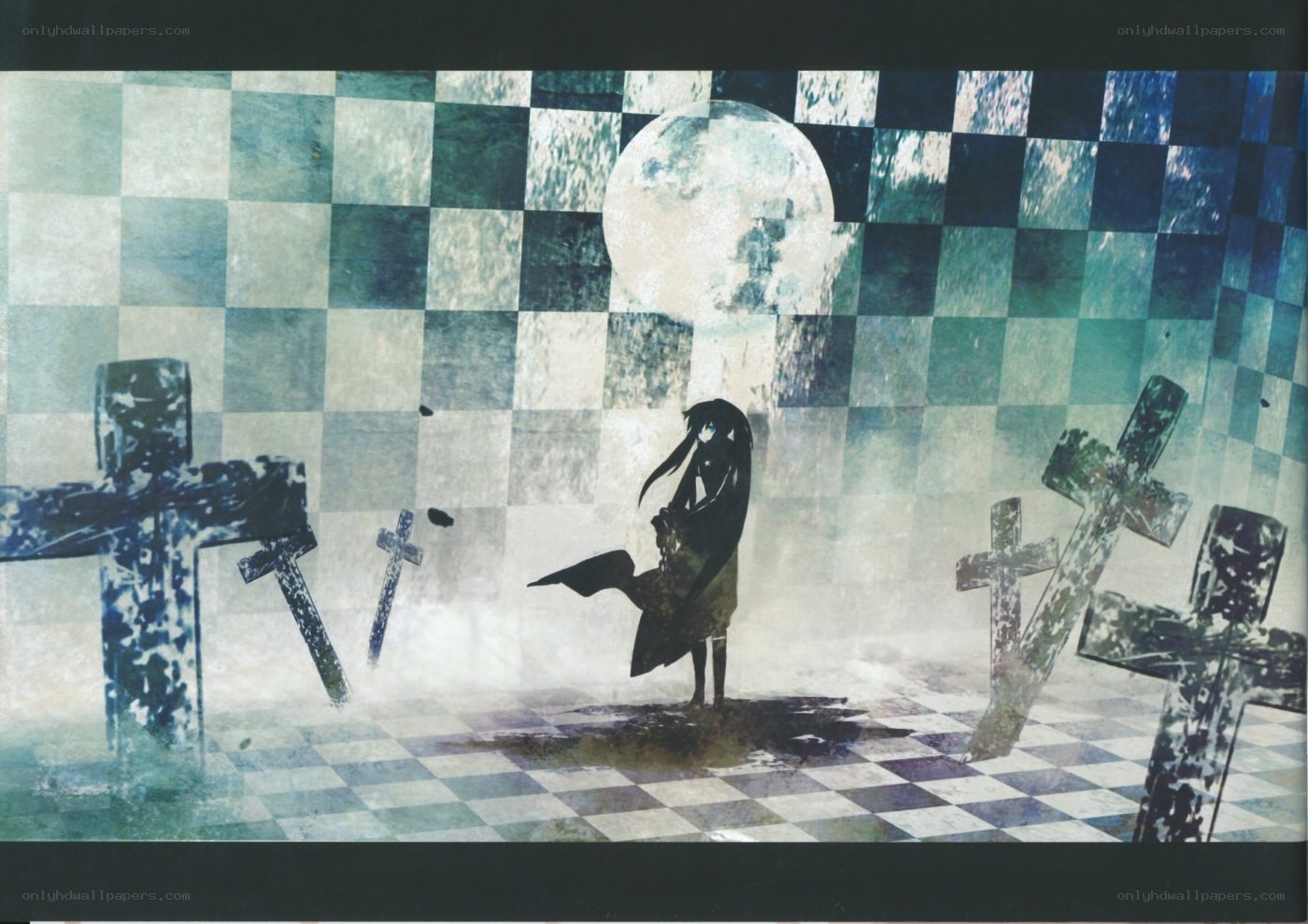 Anime figure in a checkered graveyard