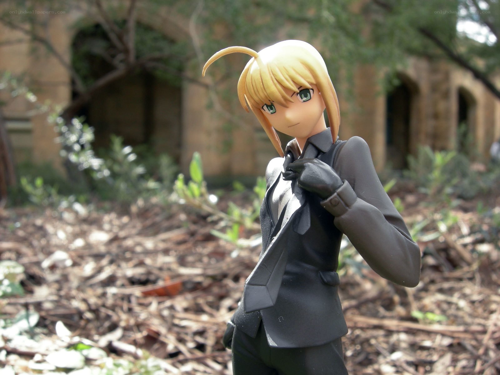anime figure in a ruined setting