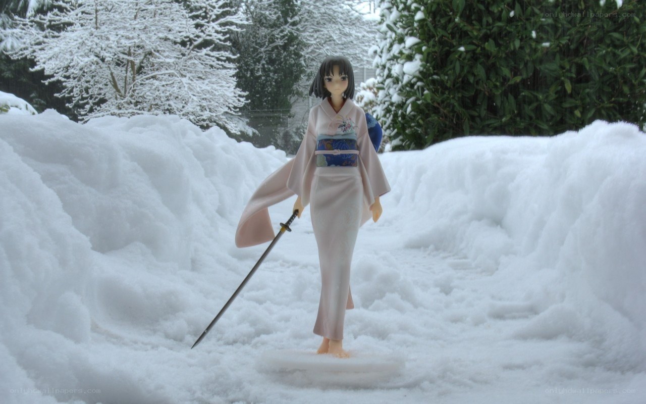 Anime figure in snowy path