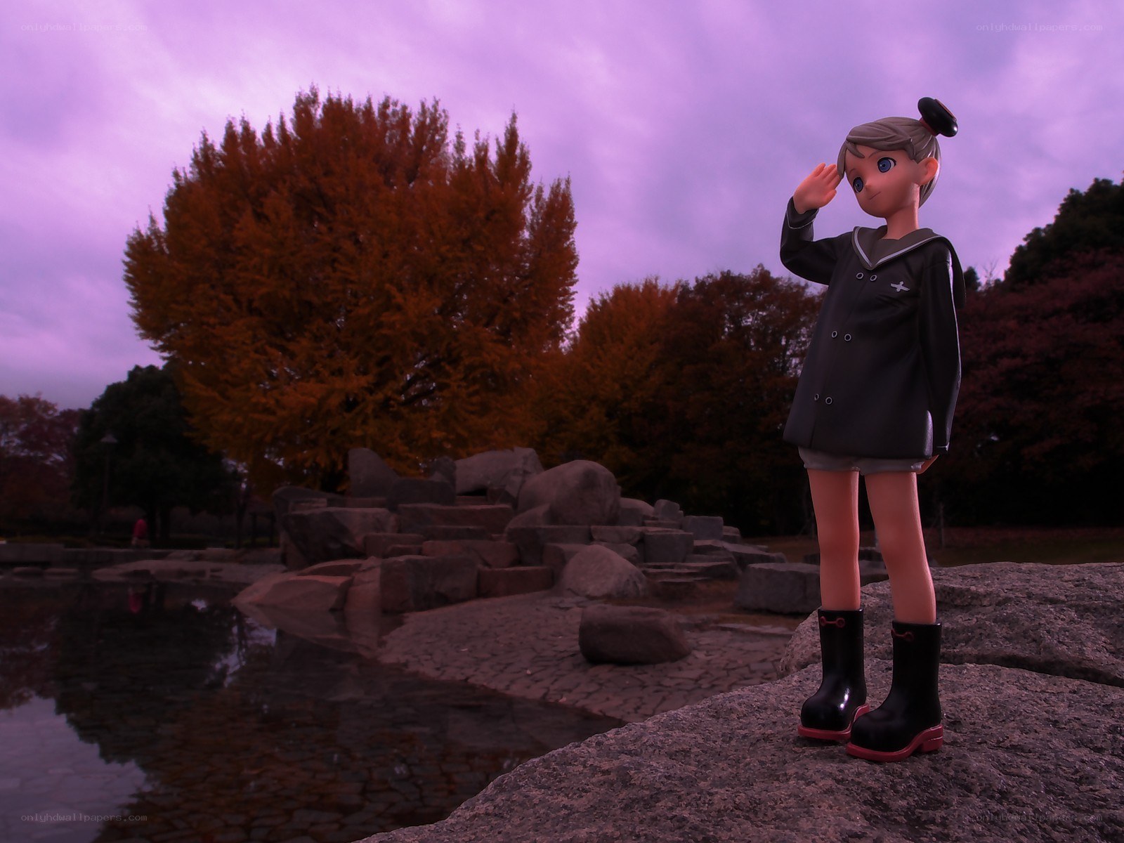 Anime figure saluting at dusk
