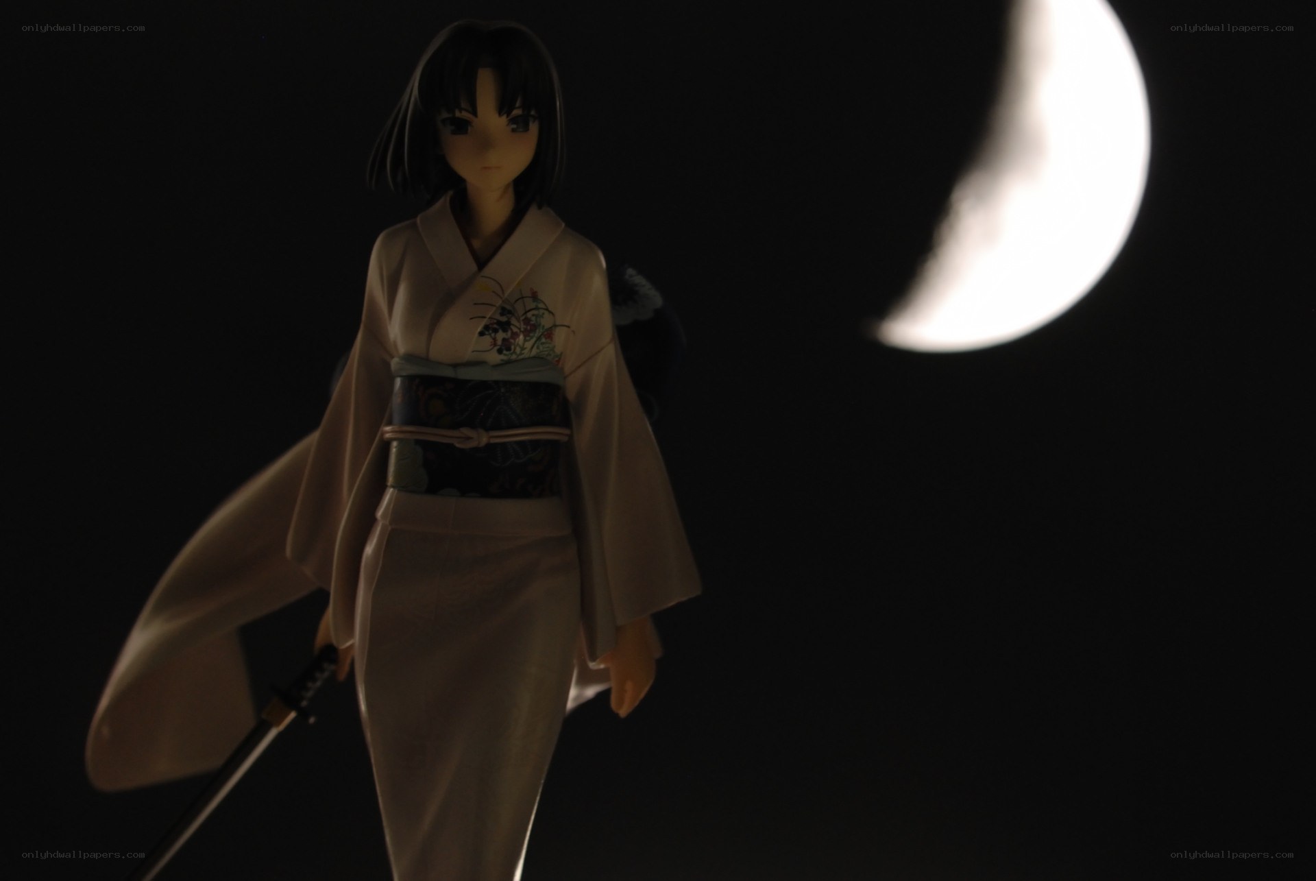 anime figure with sword under moon