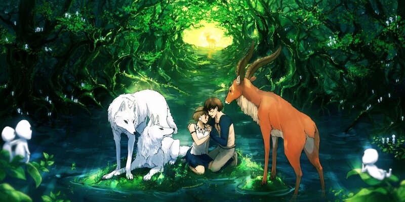 Anime forest scene with characters
