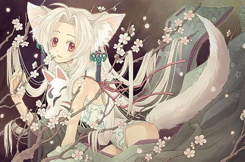 Anime fox girl in cherry blossoms