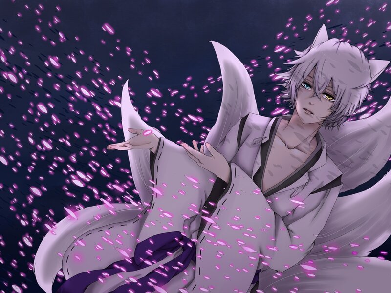anime fox spirit with pink petals