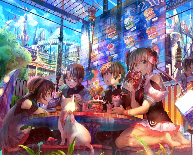 Anime friends at a futuristic cafe