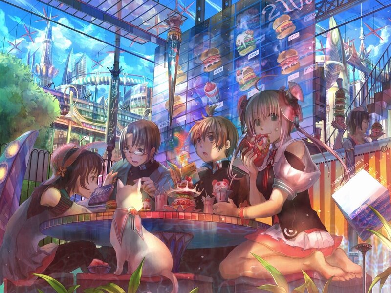 Anime friends at a futuristic cafe