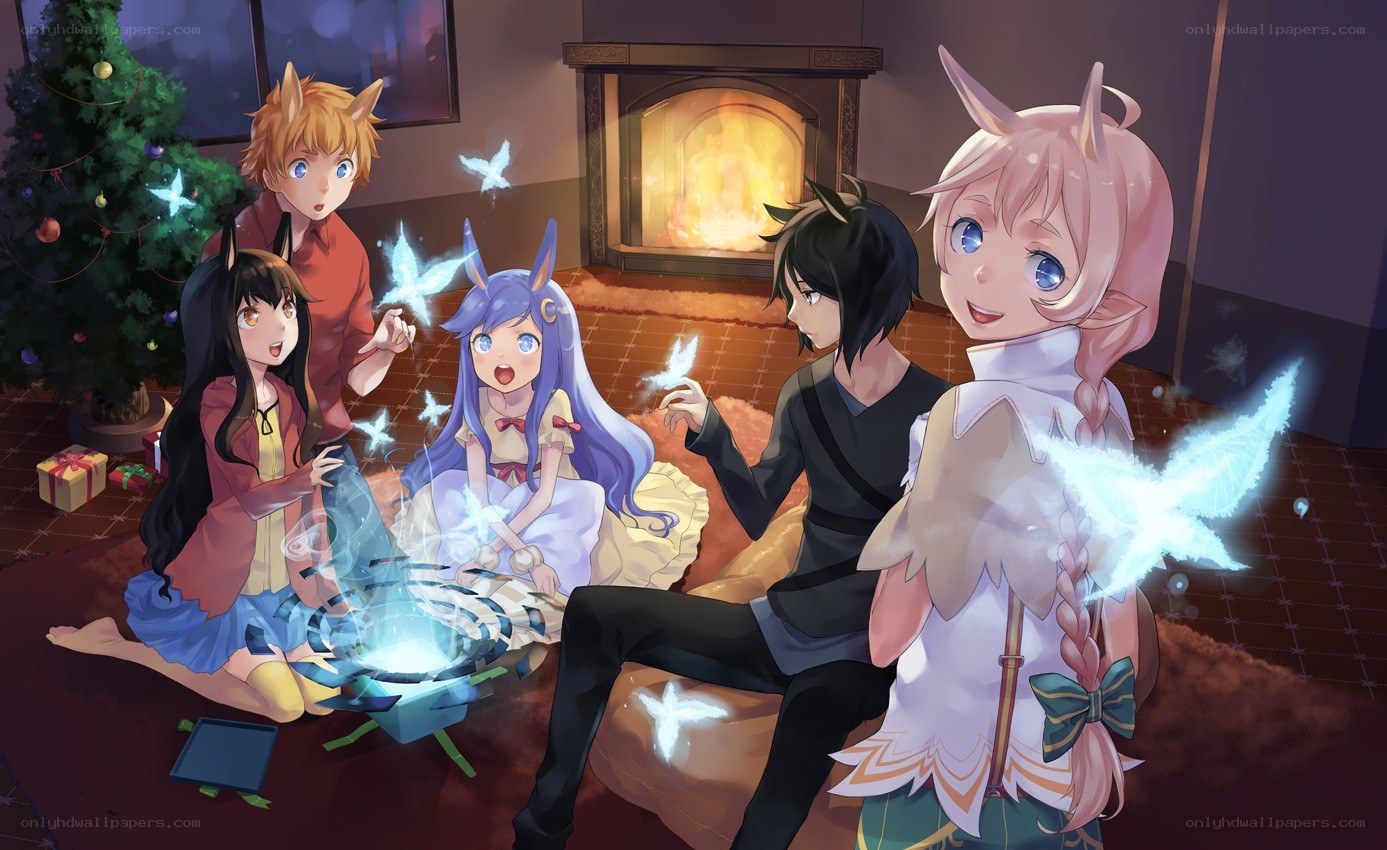 Anime friends by the fireplace