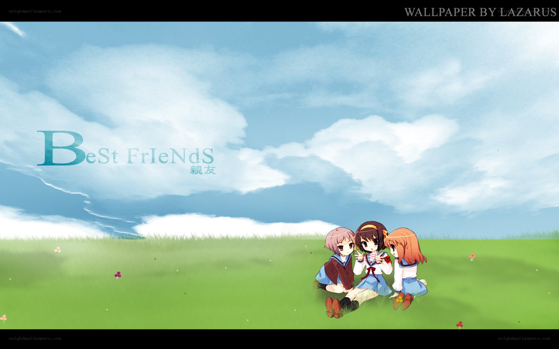 anime friends in a field