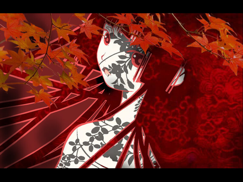 anime geisha with autumn leaves