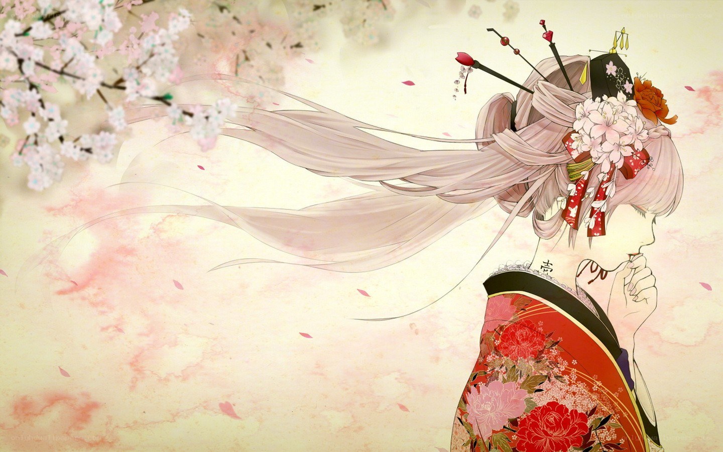 anime geisha with cherry blossoms