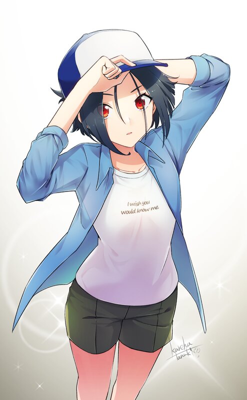 Anime Girl Adjusting Hat — Blue, Neutral