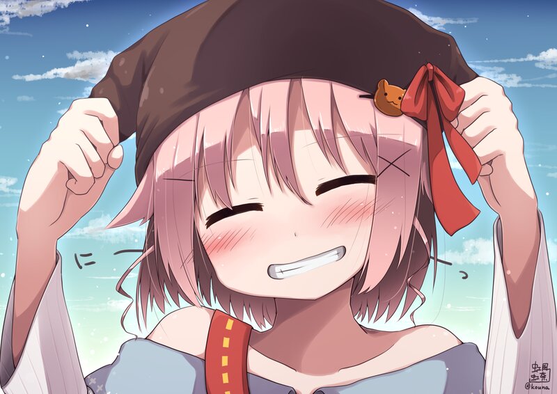Anime Girl Adjusting Hat — Blue