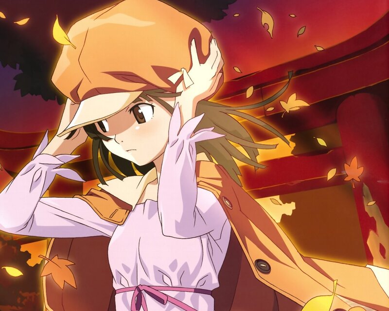 Anime Girl Adjusting Hat — Orange, Dramatic, Autumn, Fallen Leaves, Trench Coat