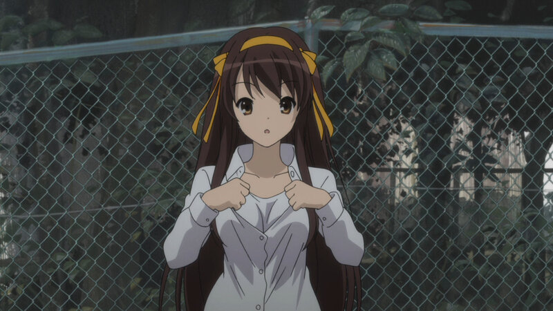 anime girl adjusting shirt