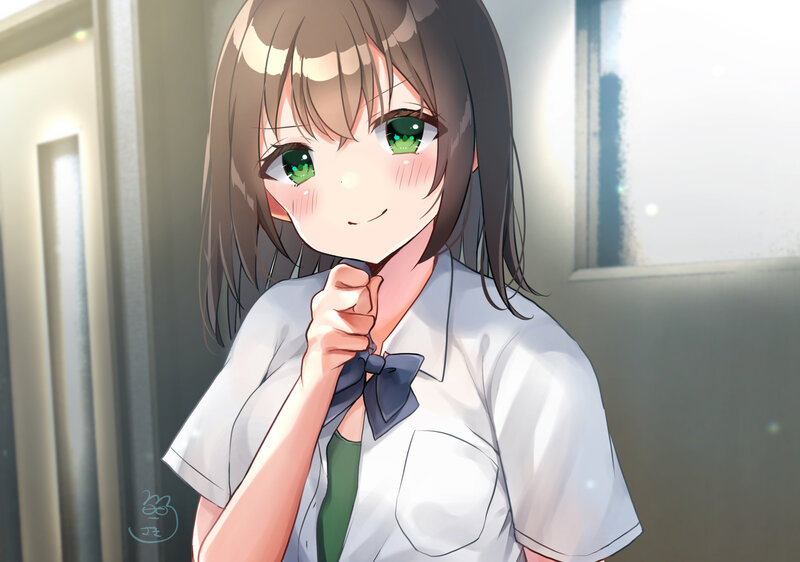 Anime Girl Adjusting Tie — White, Cheerful