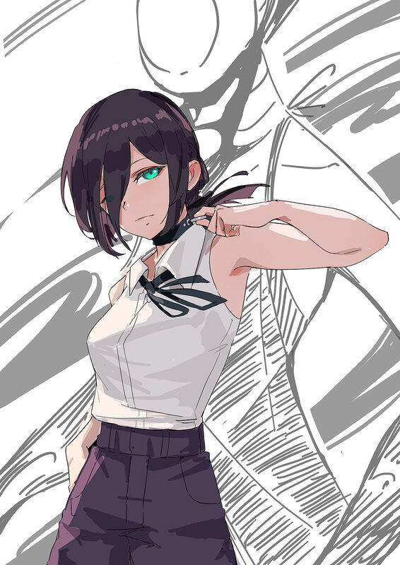 Anime Girl Adjusting Tie — White, Dramatic